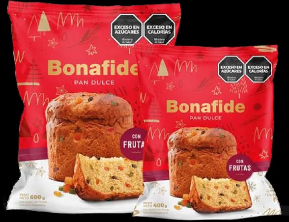 Pan dulce Bonafide con frutas en su envase rojo, con una porción cortada al frente